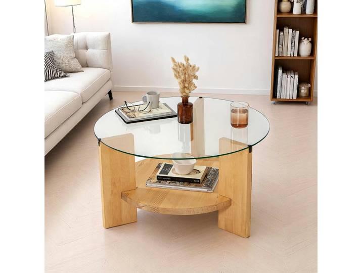 Table basse ronde en verre, structure bois ANZIO - Bois clair