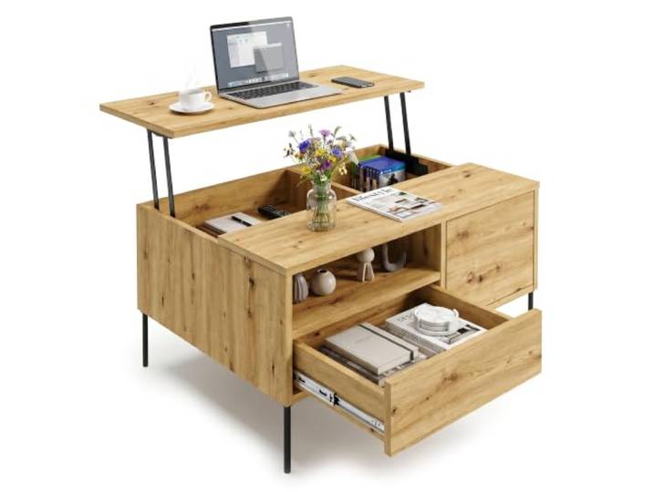 CraftPAK Lift-Couchtisch Höhenverstellbarer Sofatisch mit Schublade, Tür, offenem Fach & Stauraum Wohnzimmertisch Eiche Artisan