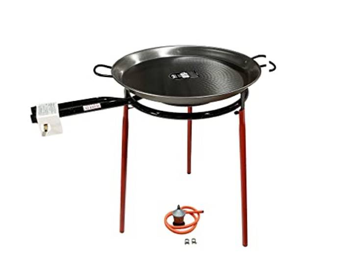Paella-Pfannen-Set, Butangasbrenner, Paellapfanne aus poliertem Stahl, Gasregler + 1,5 m Schlauch, 3 Beine, verstärkte Halterung (65)
