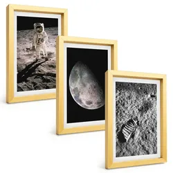 BILDER SET 3er Set - 20x30 cm Goldrahmen - Astronautenfoto vom Mond