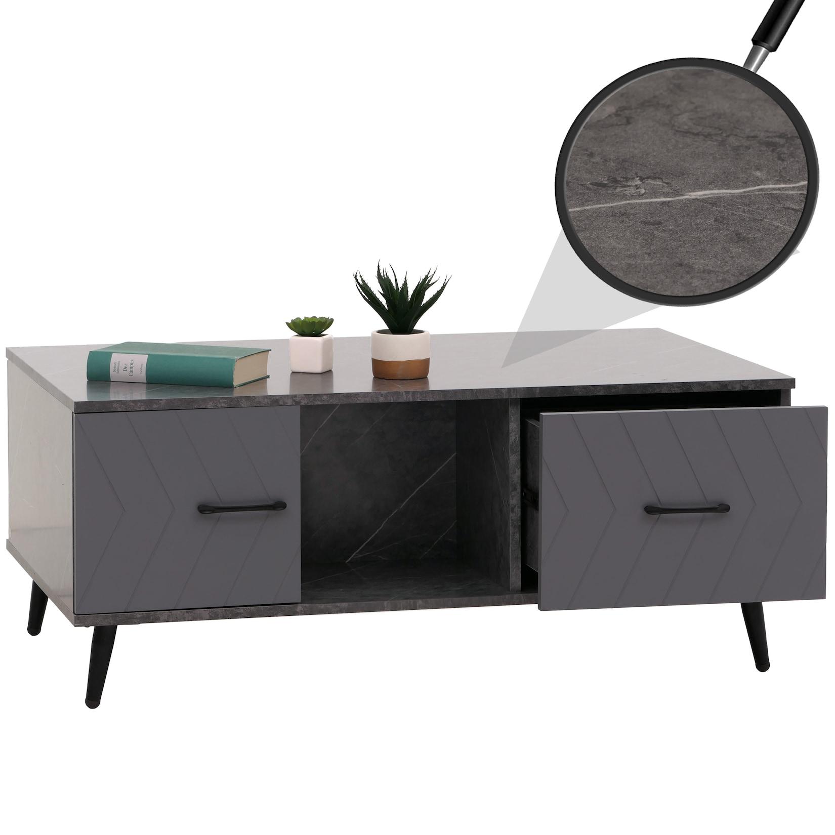 Couchtisch MCW-N89, Sofatisch, Schubladen Türen Fächer Fischgrätenmuster Melamin Holz, 42x103x60cm ~ Marmor-Optik grau