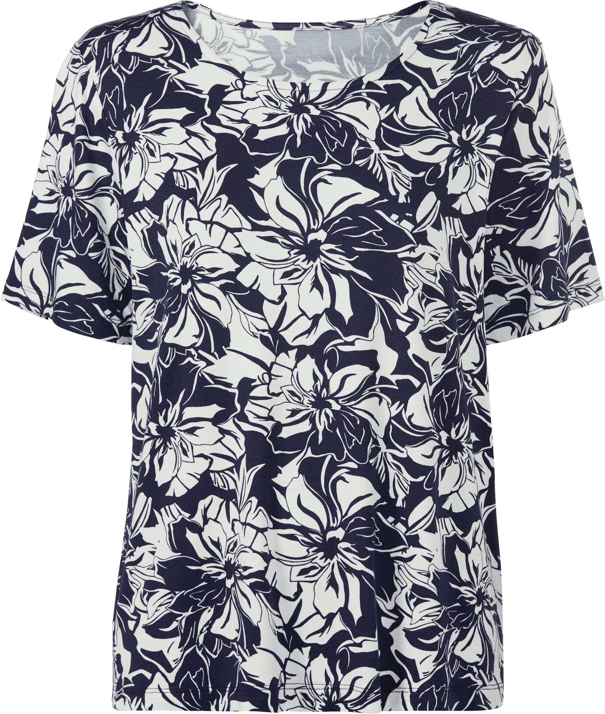 T-Shirt WITT "Shirt Kurzarmshirt im kontrastreichen Blütendessin", Damen, Gr. 54, blau (marine, ecru, bedruckt), Elegant, Rundhals, Shirts T-Shirt