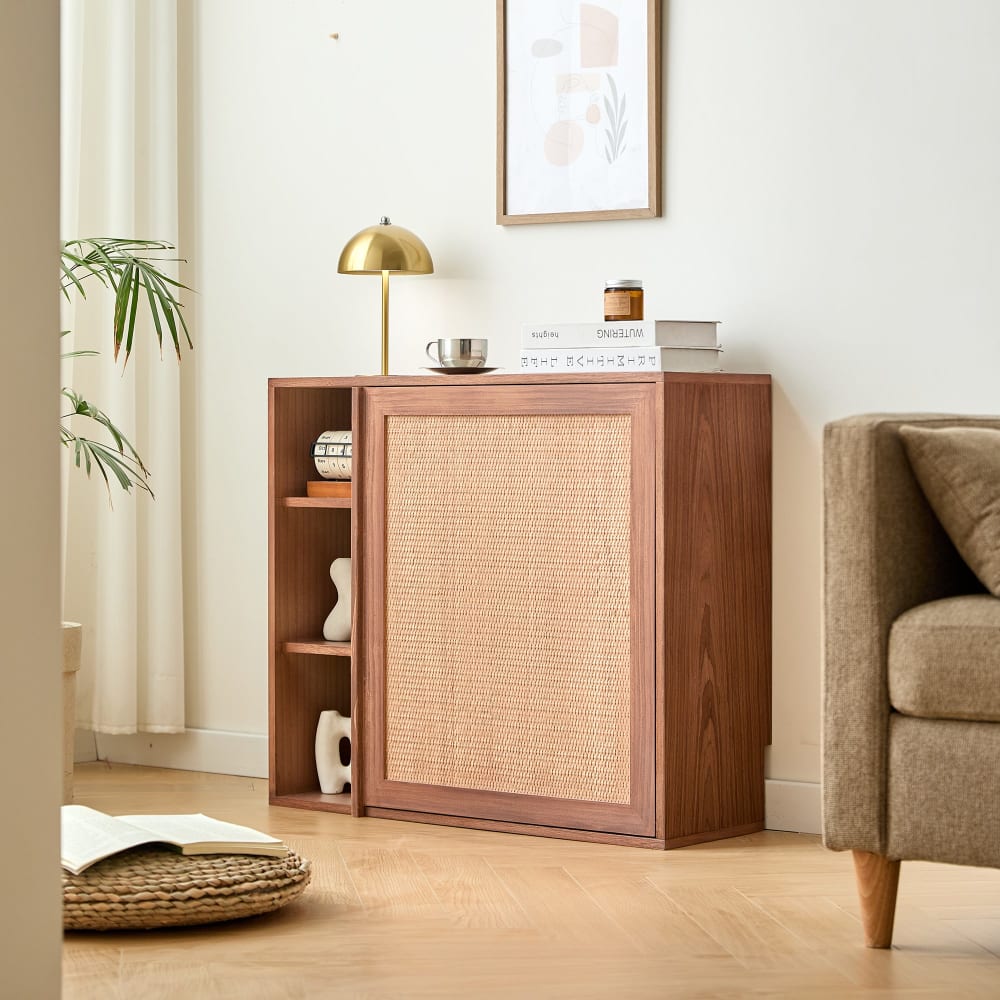 Nordlys Mueble de almacenaje con escritorio de madera oscura y ratán