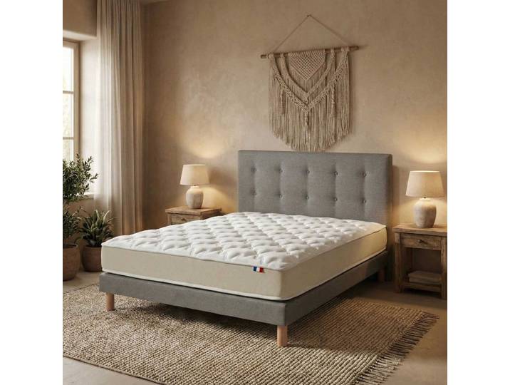 Ensemble 140x190 tête de lit matelas polylatex sommier gris