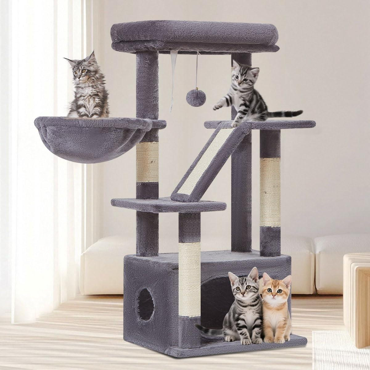 Donkergrijze krabpaal kattenboom met 4 krabpalen, Hoogte: 98 cm