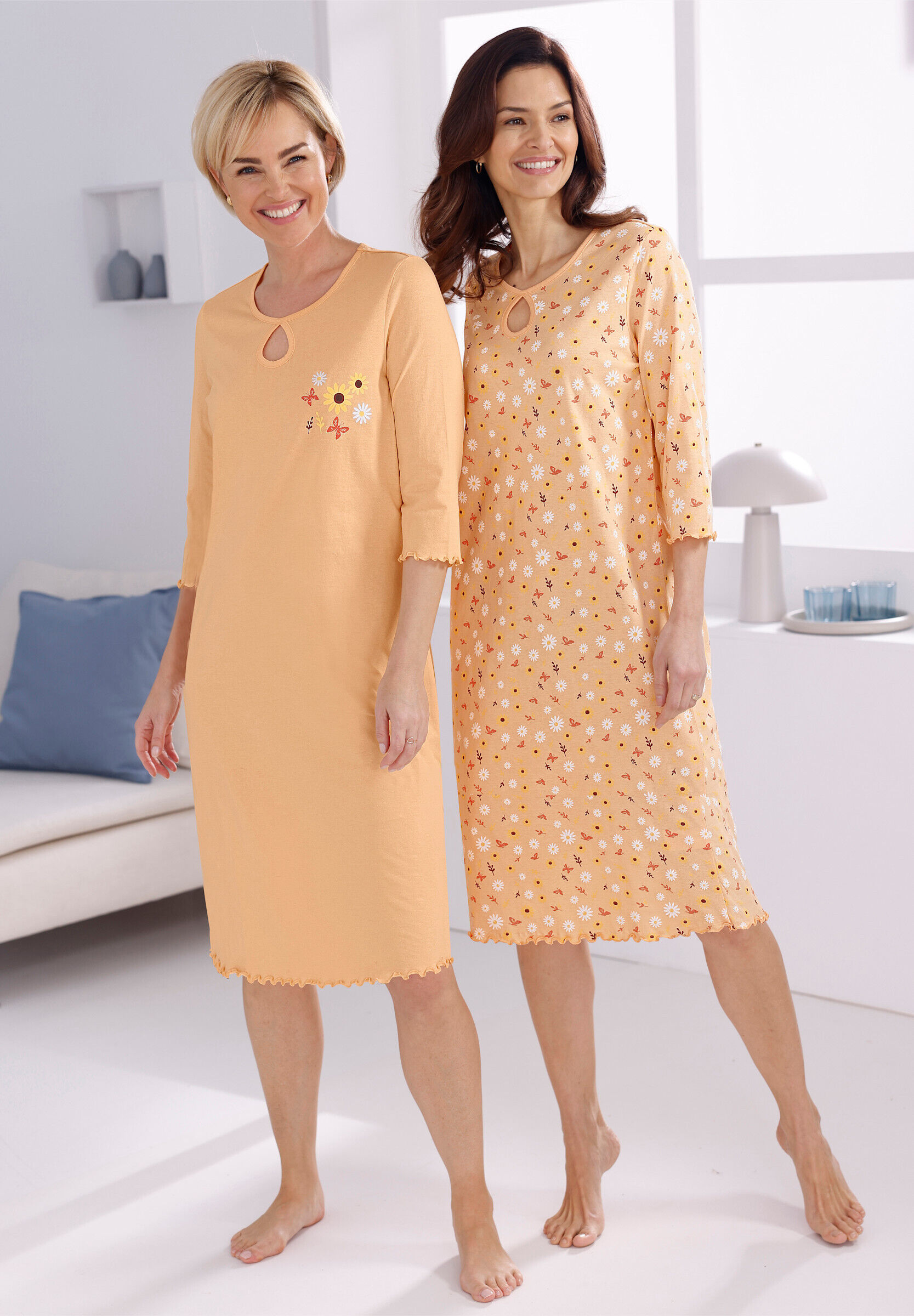 Pyjama WITT "Nachthemden Nachthemden im 2er-Pack 2 Stück", Damen, Gr. 48/50, apricot, apricot, bedruckt, Basic, Rundhals, Homewear-Sets Pyjama