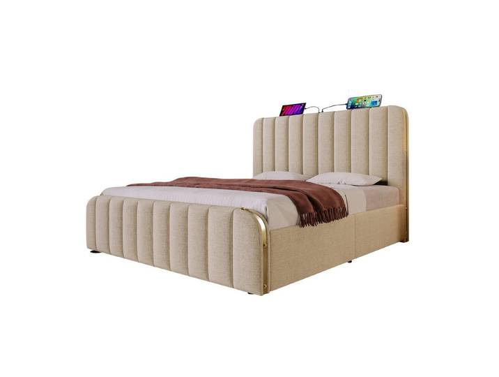 Rutaqian Polsterbett Doppelbett, Kopfteil mit Goldenen Zierstreifen,USB Typ-C Ladefunktion (Leinen-Material Hydraulisches Lagerbett (Ohne Matratze)