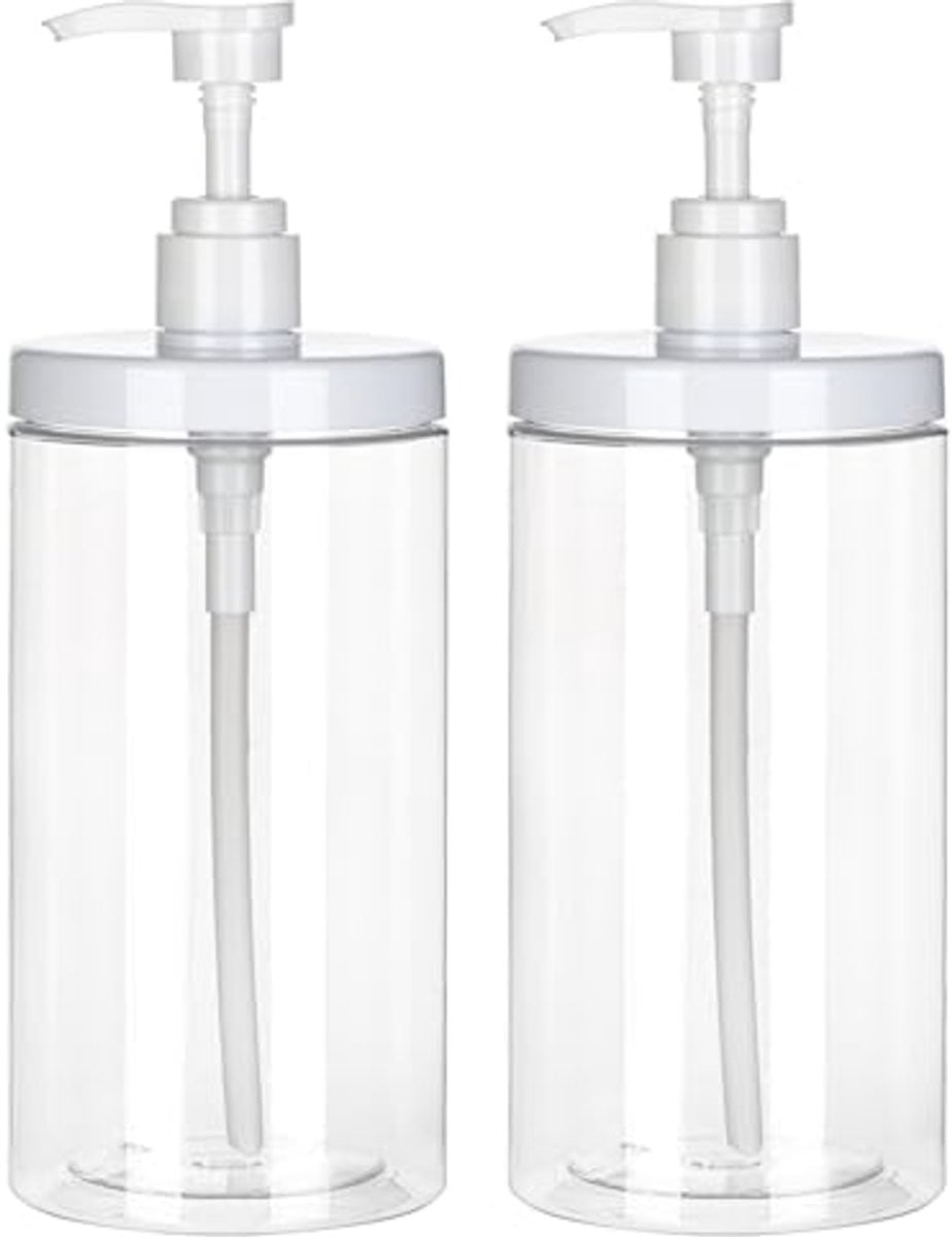 Set van 2 navulbare pompdispensers van 1000 ml voor zeep, desinfectiemiddel, shampoo of douchegel, transparant