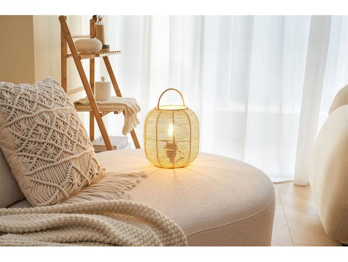 PAULEEN Tischleuchte Boho Glow max20W Beige/Weiß 230V Metall/Rattan , beige (beige, weiß), 1, Ø 21cm H: 29,5cm, Leuchten, E27, Tischleuchte