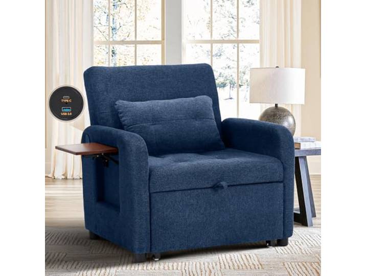 Schlafsofa mit Stoffbezug, Einzelschlafsofa, kleines Sofabett mit USB-Anschluss, klappbarem Tisch, Kissen und Verstellbarer Rückenlehne für Wohnheim/Schlafzimmer/Studentenwohnheim Dunkelgrau