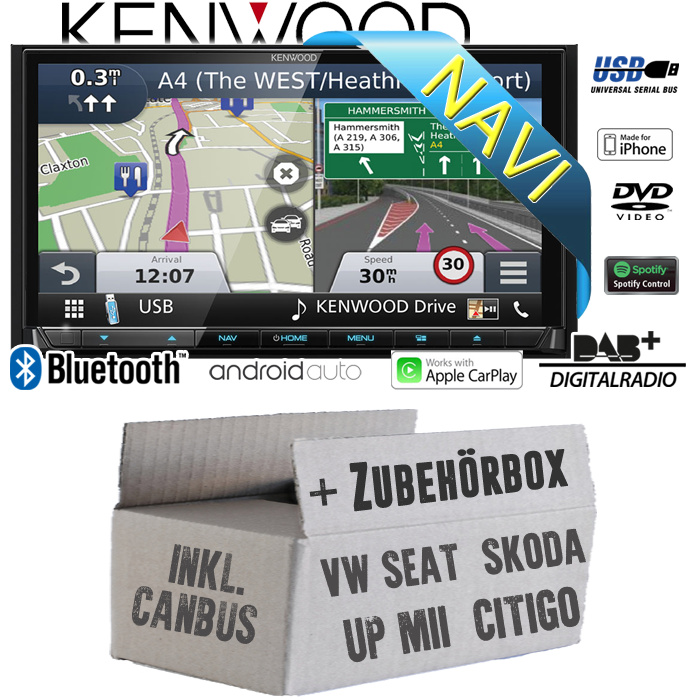 Autoradio Radio kompatibel mit Kenwood DNX7170DABS - 2DIN 17,7cm Navigation | Bluetooth | AndroidAuto | Apple CarPlay | DAB+ Zubehör - Einbauset passend für VW UP! | Seat Mii | für Skoda Citigo 2- JUST SOUND best choice for caraudio