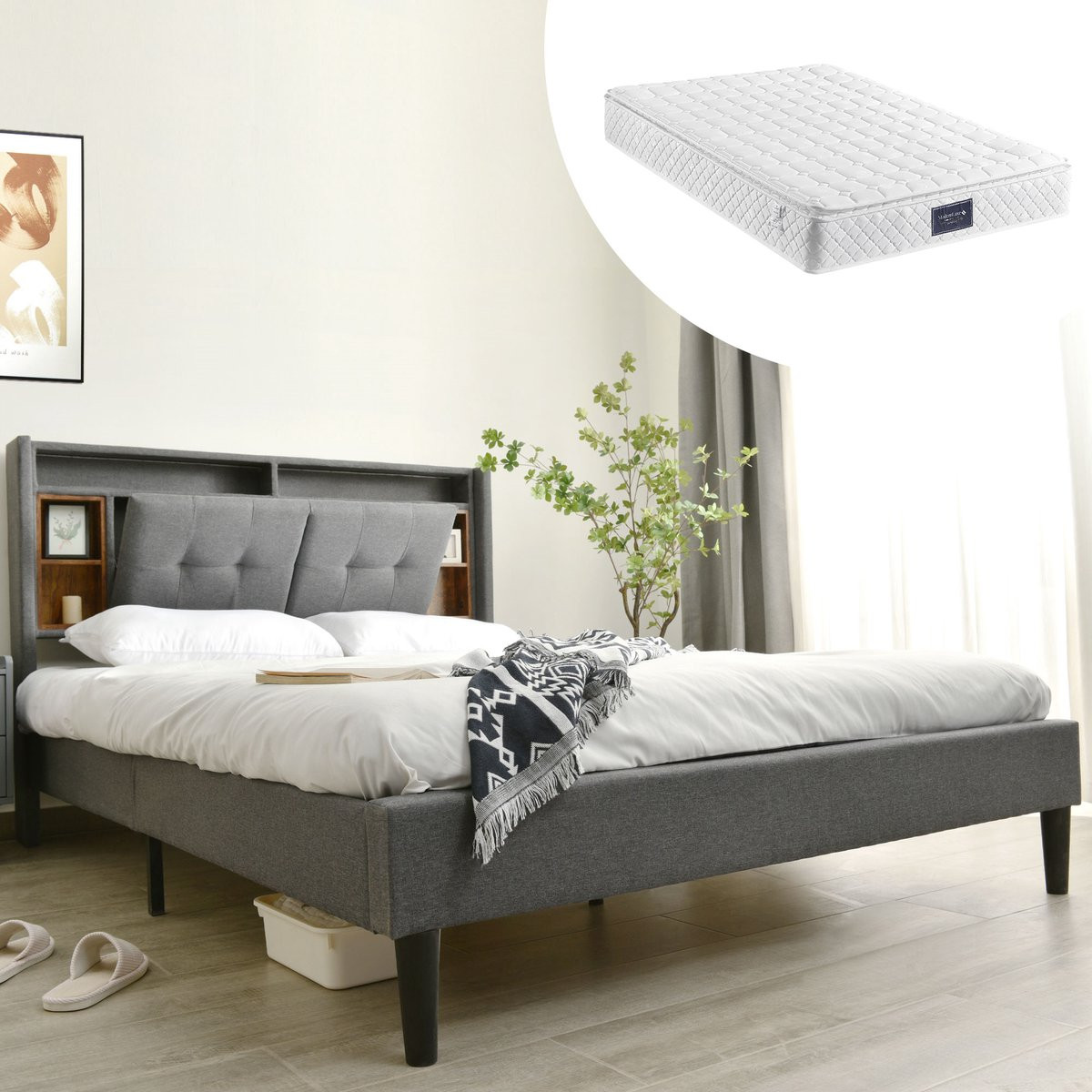 WUVRIE Gestoffeerd bedframe 140x200 cm met opberg-hoofdbord, LED-verlichting en USB-aansluitingen, grijs