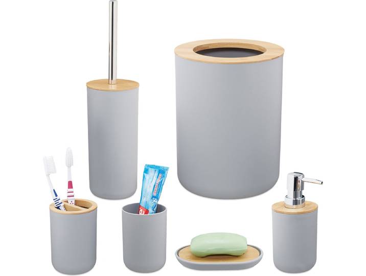 badkameraccessoires set - 6-delig - kunststof - bamboe - volledige badkamer & toilet set - grijs