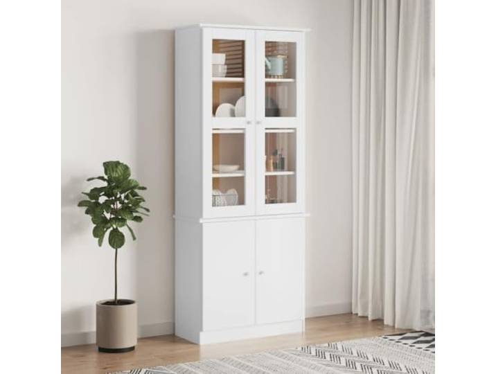 RJPLMFV Vitrine aus weißem Glas, 77 x 35 x 186,5 cm, massives Kiefernholz Innenregale, Glastüren, Holzknöpfe, Wandbefestigung inklusive