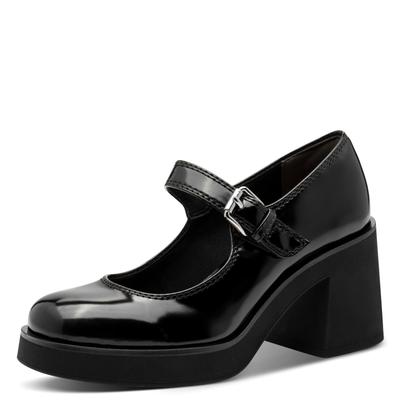 Spangenpumps TAMARIS, Damen, Gr. 38, schwarz, Lacklederimitat, glänzend, kontrastfarbene Details, unifarben mit Farbeinsatz, festlich, Schuhe Spangenpumps, Blockabsatz, eleganter Spangenpumps, Schuh in veganer Verarbeitung