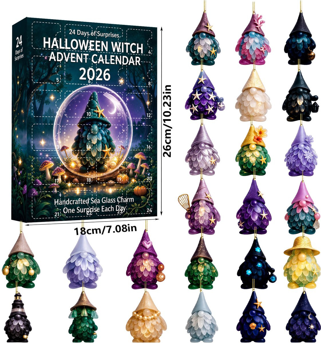 Halloween kabouter adventskalender 2026 met 24 zeeglas hangornamenten in paars, groen en blauw