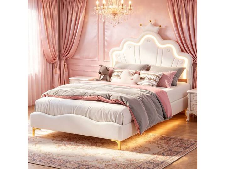 Lit Enfant Fille 140x190CM Tête de lit Couronne LED Tête réglable Cadre de Lit princesse flottant Sommier inclus Tissu cuir Blanc