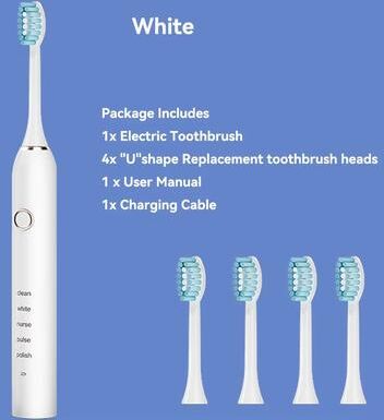 Inspired Finds Rechargeable Sonic Electric Toothbrush 5 Modes, 3 Intensity Levels & 4 Replacement Brush Heads With Smart Timer white