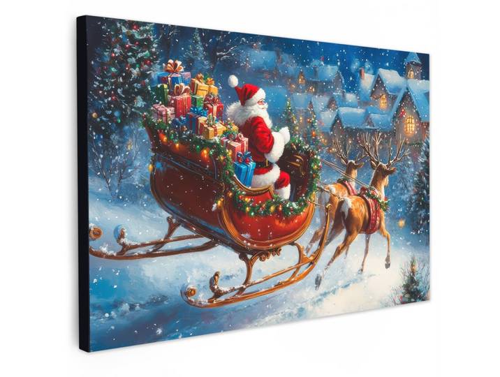 LEINWANDBILD Weihnachtsmann - Rentier - Weihnachten - Schnee Gemälde 60x40 cm