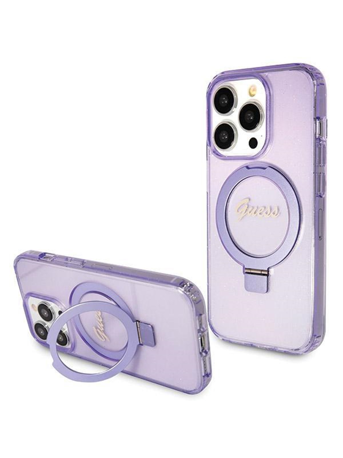 GUESS Ring Stand Script Glitter MagSafe case for iPhone 14 Pro - purple