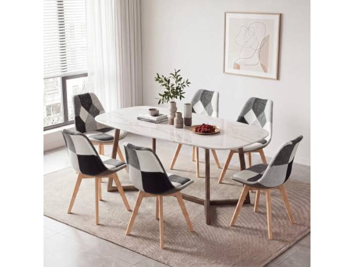 HJhomeheart Set aus 6 Esszimmerstühlen aus Patchwork-Stoff mit abnehmbarem Sitzkissen und Massivholzbeinen für Esszimmer, Wohnzimmer, Küche usw. (Patchwork Grau)