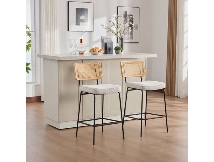 Tabouret de bar moderne - Design sans accoudoirs - Assise en tissu chenille - Dossier en bois et rotin