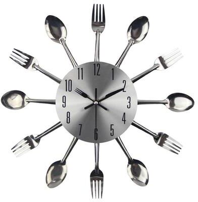 Everyday Crate Modern Cutlery Kitchen Wall Clock With Silent Quartz Movement Decorative Metal Design Silver