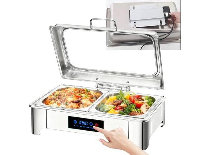 BOVDC Chafing Dish Elektrisch Glasdeckel 9L, Edelstahl(1/2 Pan) Speisewärmer Buffetwärmer Elektrisch Einstellbarer Temperatur, Elektrisch Warmhaltebehälter Essen für Hotels, Buffet, Partys