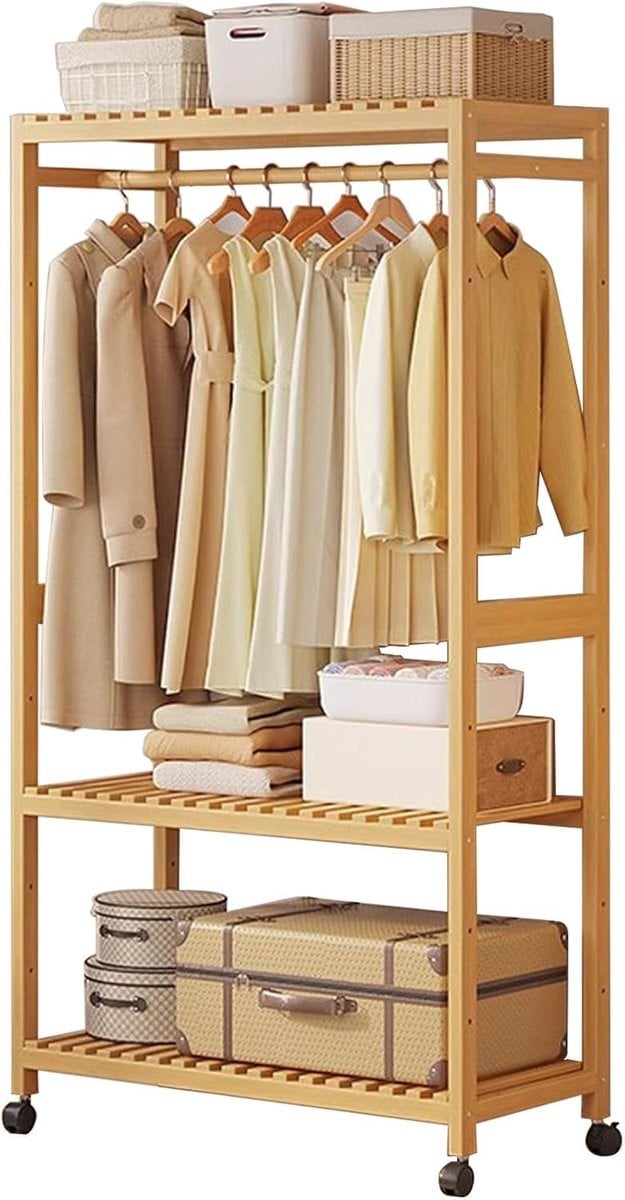 Bamboe hangend kledingrek met wielen voor kleding en accessoires voor in de slaapkamer of op kantoor