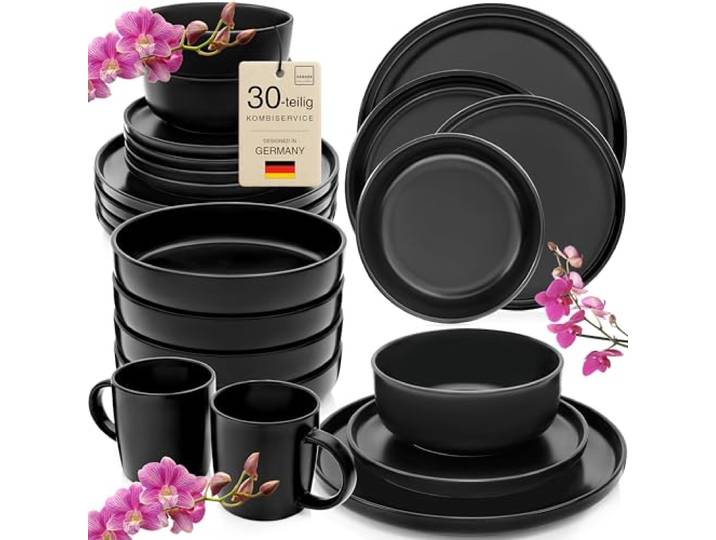 SÄNGER Madeira Steingut Geschirrset 6 Personen, Teller Set 30-tlg Schwarz