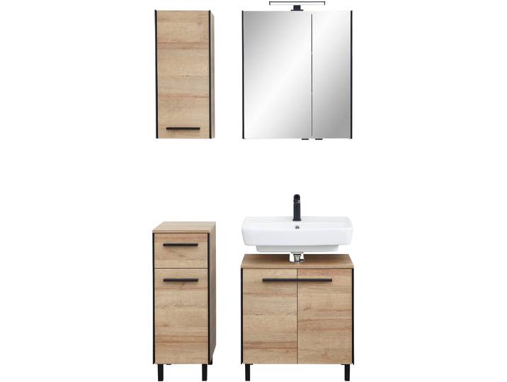 Badmöbel-Set SAPHIR Quickset 395 4-teilig, Waschbeckenunterschrank mit LED-Spiegelschrank , braun, Riviera Eiche quer Nachbildungmit schwarzem L-Profil vorne, Kastenmöbel-Sets, Badmöbel-Set, Unterschrank, Hängeschrank inkl. Türdämpfer, 6 Türen, 1 Schublade