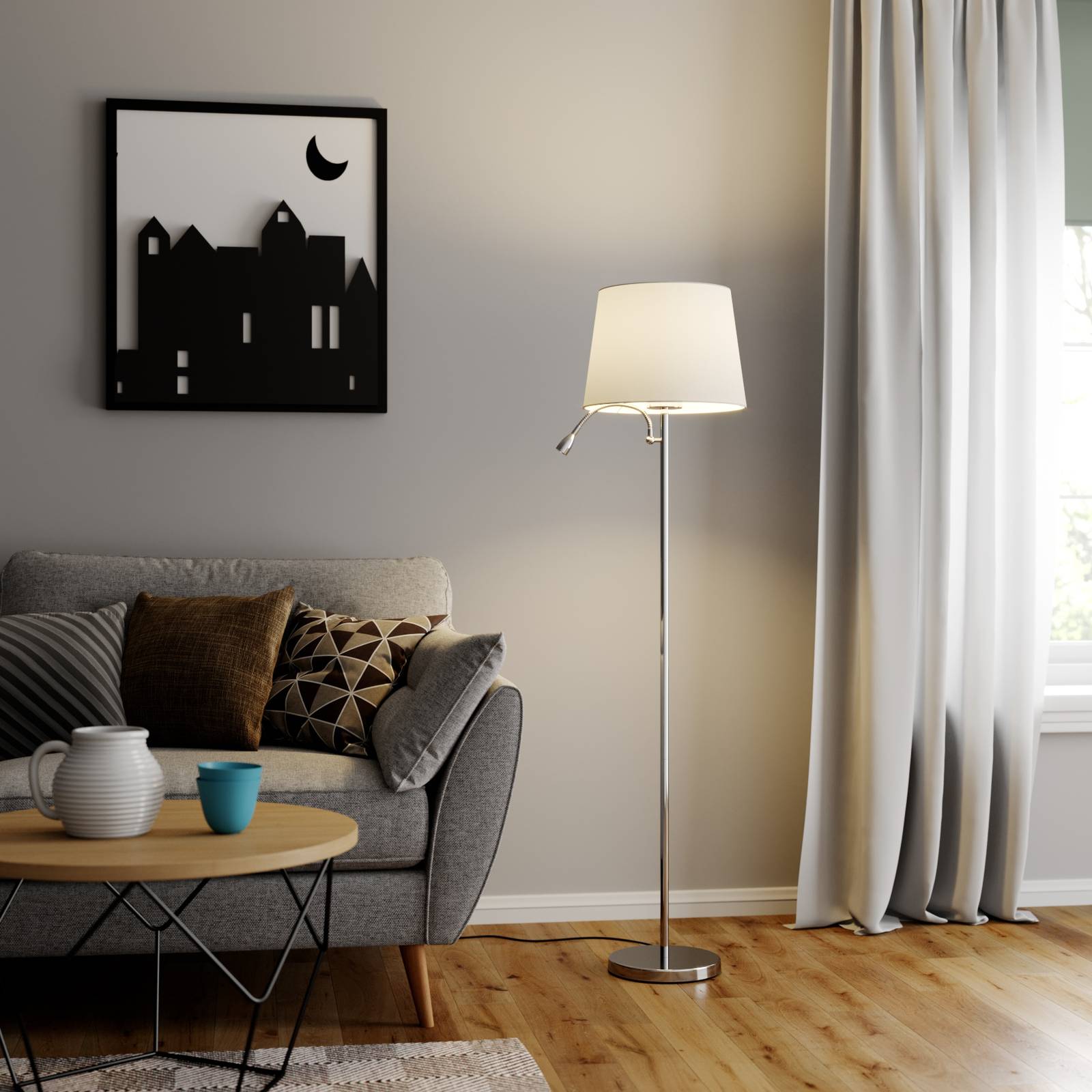 Floor Lamp Benjiro Lindby, White / opal, Living / Dining Room, Textile / fabric / silk, Modern, Floor Lamp