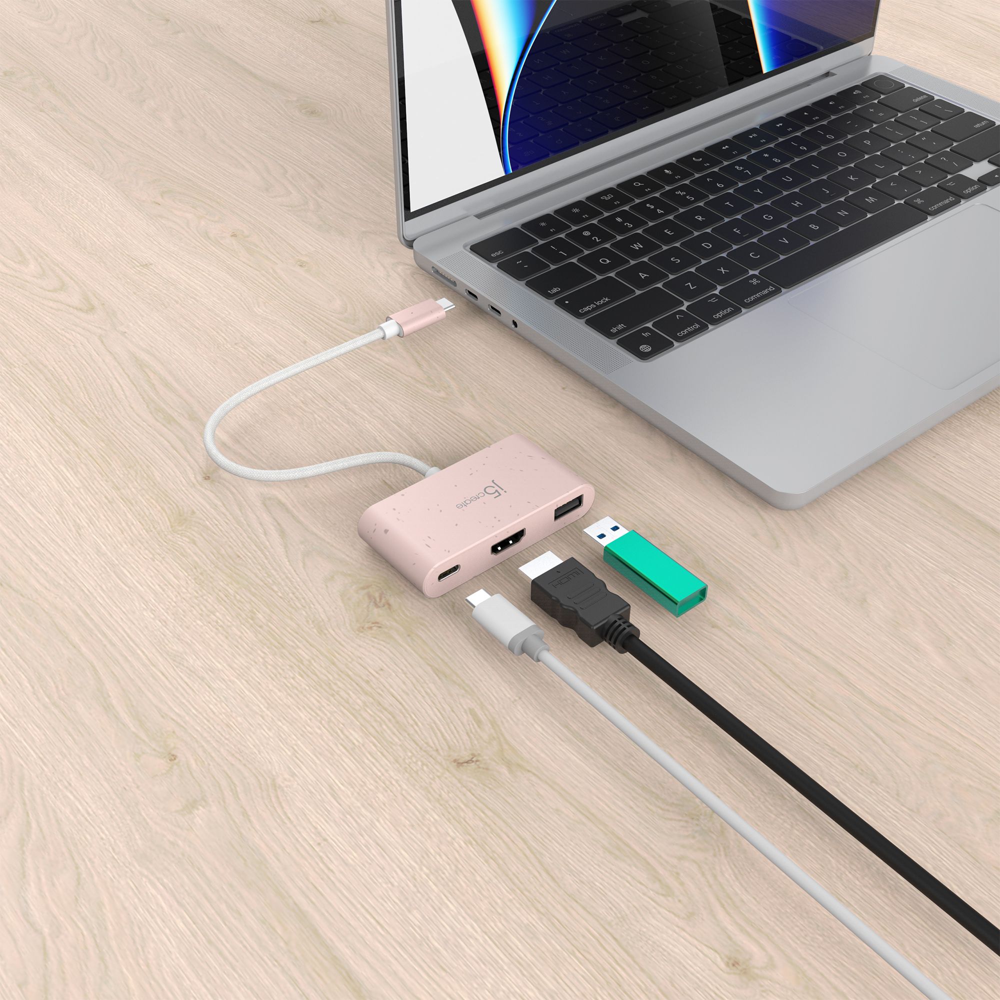J5 ECO-FRIENDLY USB-C TO HDMI & USB TYPE-A WITH POWER DELIVERY - ROSE