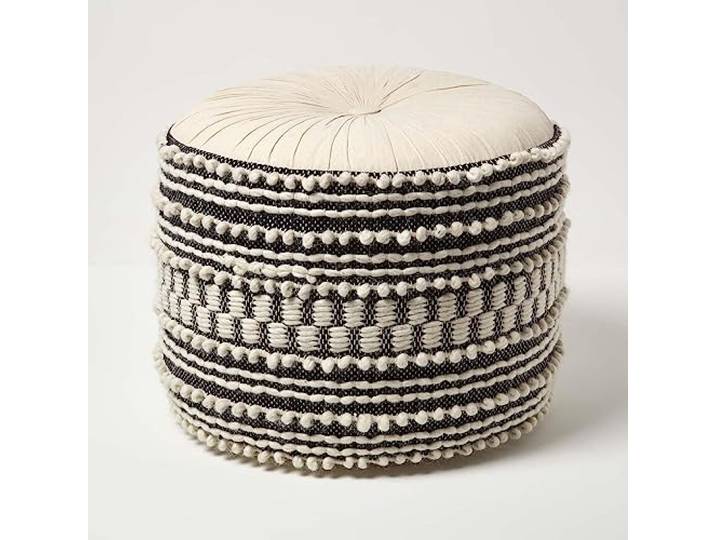 Homescapes Priya Boho-Pouf schwarz-weiß 50x40 cm, Sitzpouf rund mit Sitzsack-Füllung, Pouf Hocker Makramee