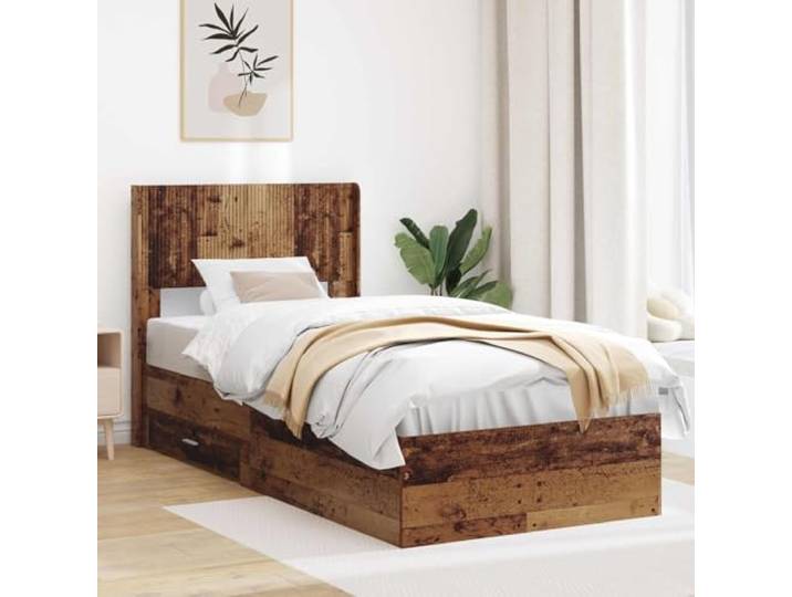 RJPLMFV Bettgestell mit Kopfteil, Antikholz Integrierte Aufbewahrung, Lattenrost inklusive, robustes Holz, pflegeleicht