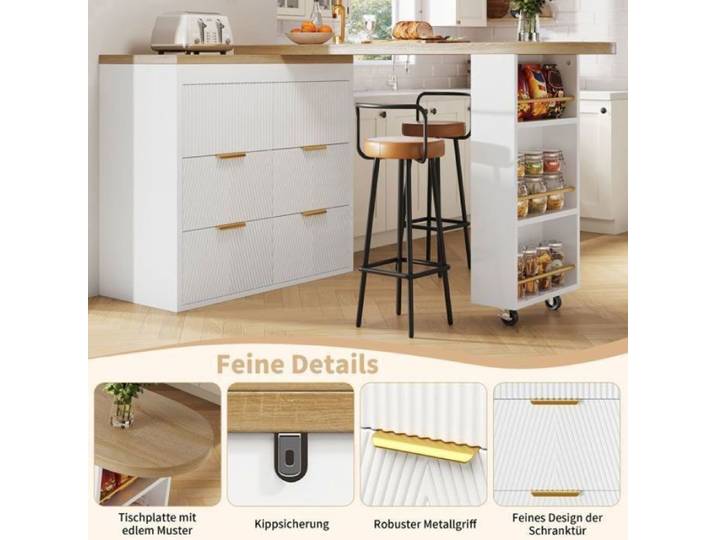 Meuble Bar de Cuisine Gain de Place Extensible 128-203cm Rangements Astucieux Anti-Inclinaison blanc MEUBLE BAR