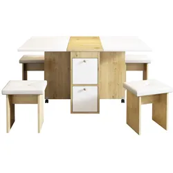 MODFU Esstisch Set klappbar ausziehbar mit 4 Stühlen 120x80x75 cm Weiß+Eiche, multifunktional als Essplatz oder Arbeitsfläche, pflegeleichte Spanplatte