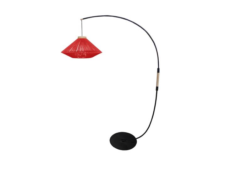 Lampadaire métal noir bois naturel abat-jour fibre rouge