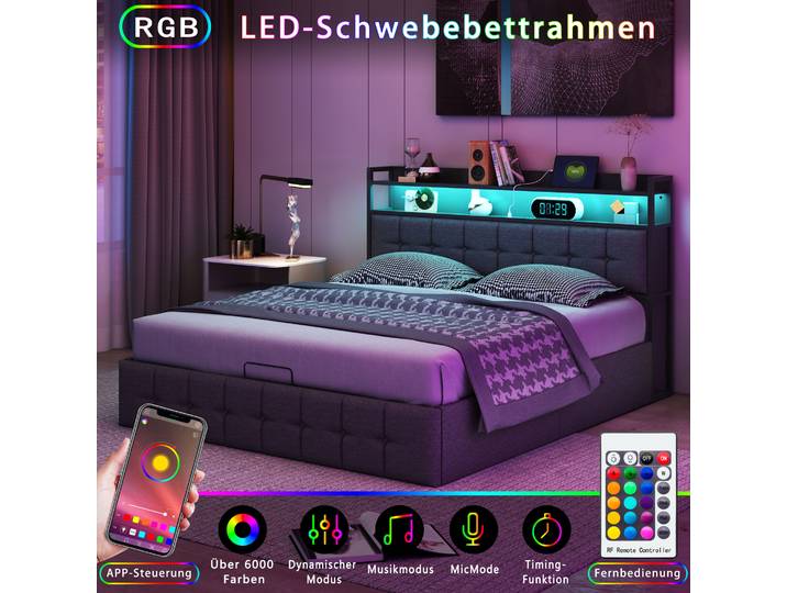 Rosahqnda coussin lit Cadre de lit hydraulique rembourré Tête de lit en lin gris Pu Tissu en lin sans matelas