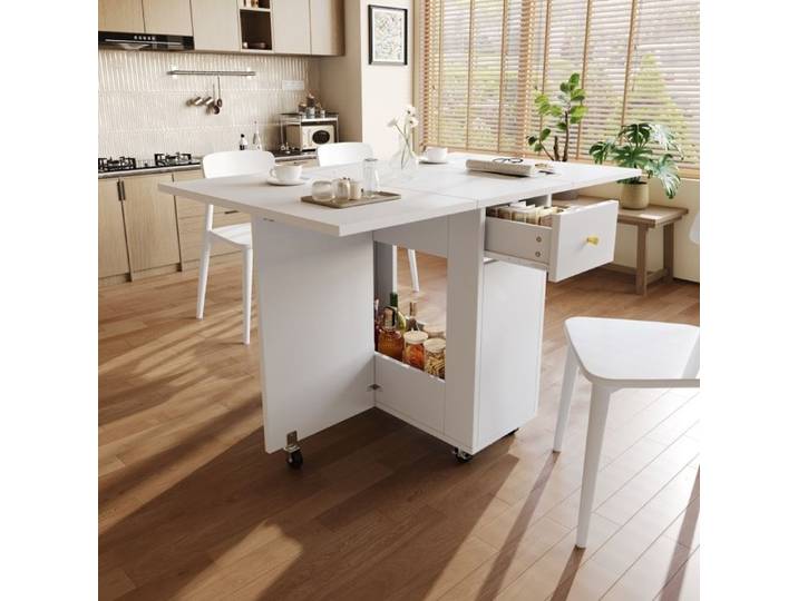 Luscriate - Table à manger pliable rectangulaire 120x75x75 cm avec rangements roulettes pour 2 à 4 personnes - Blanc