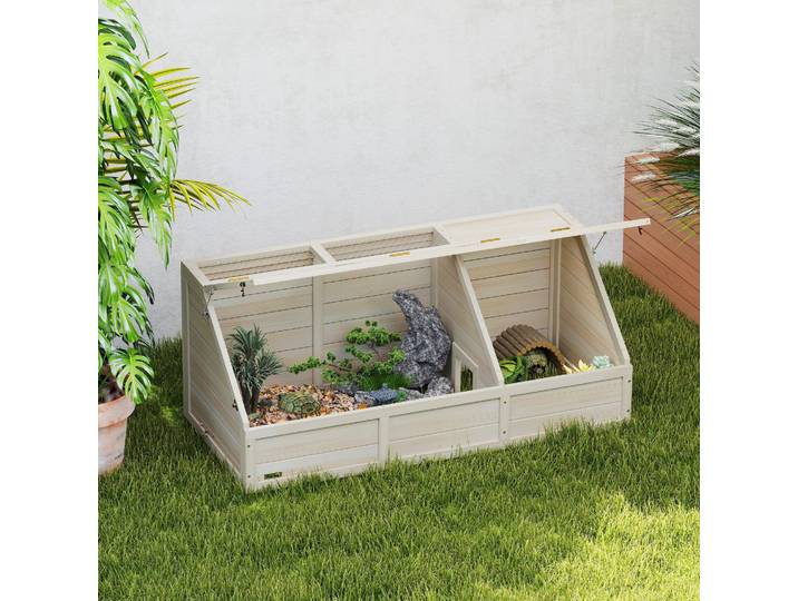 PawHut Enclos Tortue Bois Naturel avec Couvercle et Loquets