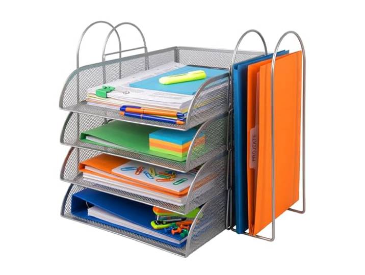 Relaxdays Porte-Documents métal A4\, 4 Compartiments\, 2 Porte-revues\, Argent HxLxP 33x40\,5x33\,5 cm\, organiseur de bureau