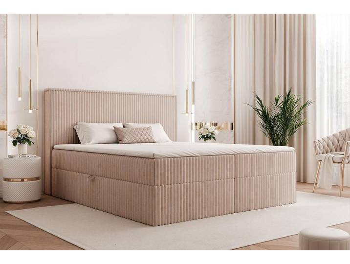 Compleo Boxbett mit zwei Bettkästen 120x200 - 200x200, Topper als Option, Cordstoff (Doppelbett mit Stauraum), Polsterbett Bonnellfederkern Matratze H3 + 3cm Topper als Option