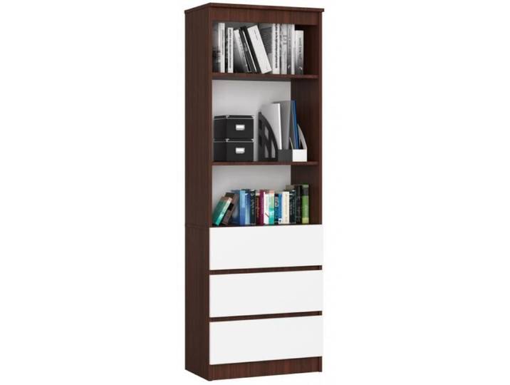 Bibliothèque de bureau AKORD R60 Wengé 60 cm 3 tiroirs façade Blanche 3 étagères 60x35x180 cm