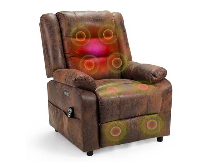 Elektrischer Fernsehsessel mit Aufstehhilfe, Liegefunktion, Massage, 200 kg Relaxsessel elektrisch, Sessel mit Aufstehhilfe für Senioren, Liegefunktion 165°, 3 Vibrationsmodi, Wärme, Braun Flockleder