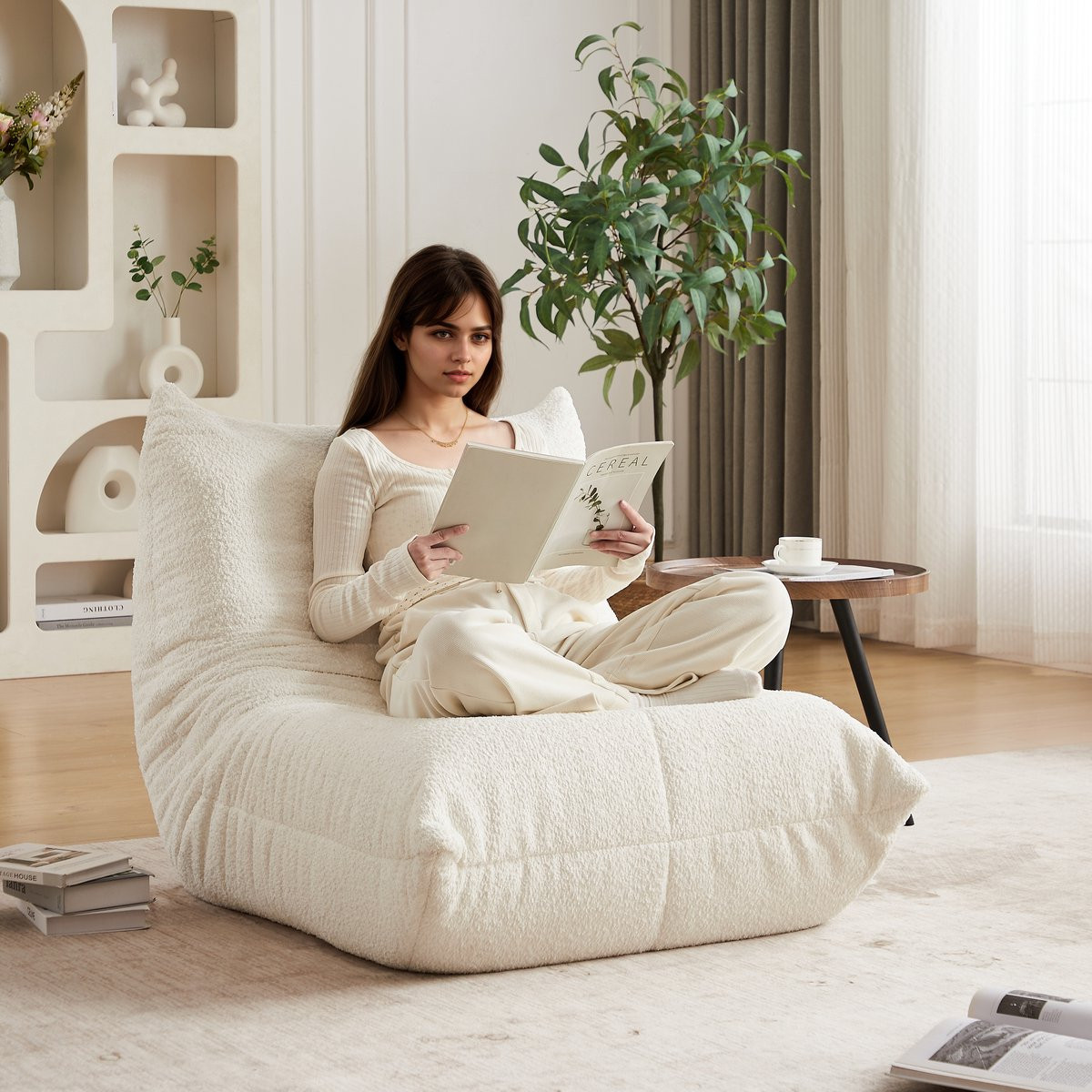 OKWISH Fauteuil Beige Chenille Vloerstoel zonder Armleuningen met Hoogelastisch Schuim