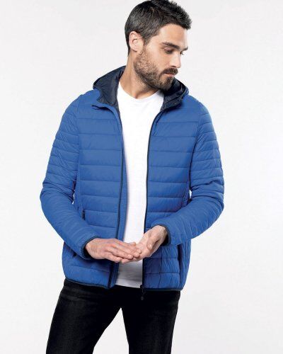 Piumino uomo leggero, 7 colori, con cappuccio e sacca Personalizzate o neutre Kariban