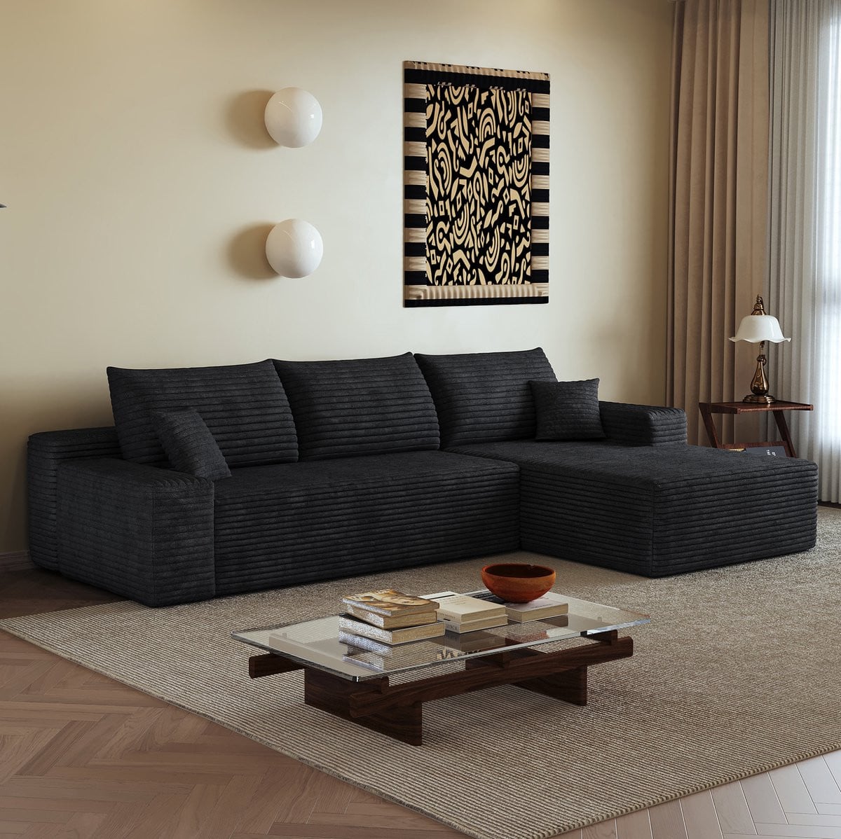 MIVRAY Hoekbank - Modulaire L-vormige Chaise Longue - Zwart