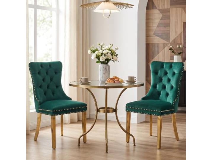 SoarTalent 2er Set Esszimmerstühle Samt Goldbein, Grün/Gold Samt gepolstert, Nagelkopfbesatz, vergoldeten Beinen, Metall-Ziehring, für Esszimmer & Wohnzimmer