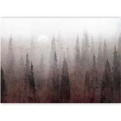 Artgeist, Tapete, Fototapete - Bird's flight over treetops - landscape of a dark forest in fog (300 x 210 cm)